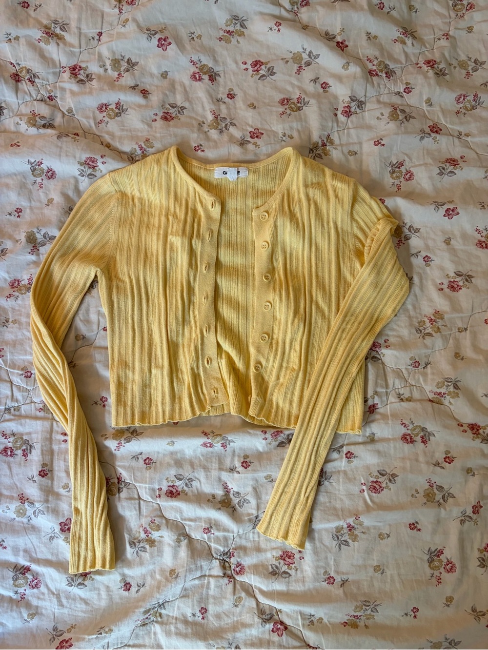Garage Yellow Ribbed Cropped Button-Front Cardigan